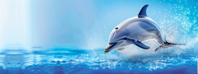 Beautiful dolphin on blue background, wide horizontal panoramic banner with copy space, or web site header with empty area for text.
