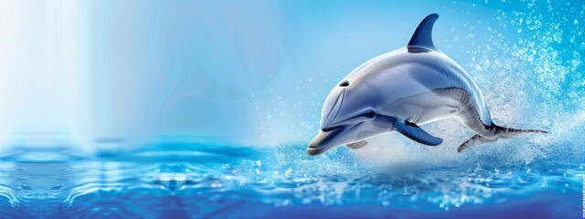 Naklejka premium Beautiful dolphin on blue background, wide horizontal panoramic banner with copy space, or web site header with empty area for text.