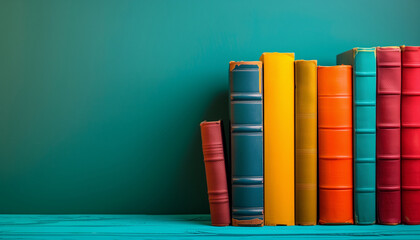 Colorful books on shelf against teal background, copy space, concept for the World Book and Copyright Day - obrazy, fototapety, plakaty