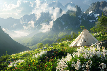Majestic mountain vista with a tent pitched on a flower-strewn hillside. - obrazy, fototapety, plakaty