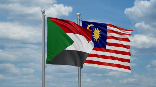 Malaysia and Sudan two flags waving together, looped video, two country cooperation concept