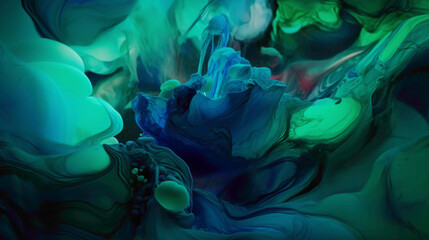 Liquid Luminosity. Luminous shades of ultraviolet and jade green illuminating a liquid canvas, creating a radiant abstract masterpiece captured in crystal-clear HD. - obrazy, fototapety, plakaty