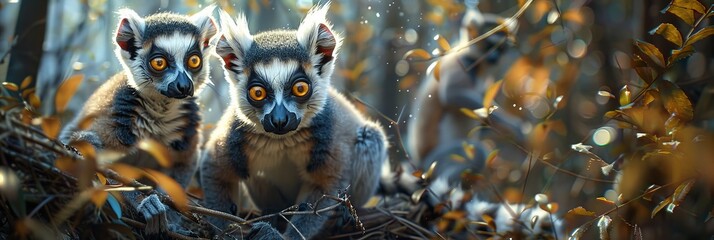 Fototapeta premium Inquisitive lemur family in madagascar rainforest, cinematic shot capturing charm in moonlight style