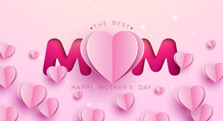 Happy Mother's Day Banner or Postcard with Paper Hearts and Typography Lettering on Pink Background. Vector Best Mom Celebration Design with Symbol of Love for Greeting Card, Flyer, Invitation