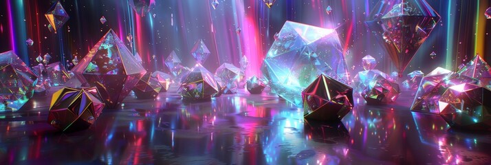A surreal 3D space filled with floating geometric shapes, each radiating with iridescent colors and intricate, glowing patterns in a never-ending dance - obrazy, fototapety, plakaty