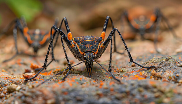 Close-up of a vibrant kissing bug insect on a textured surface, showcasing intricate patterns and details, concept for the World Chagas Disease Day