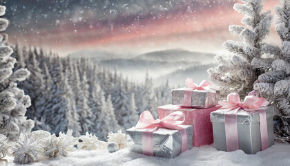 illustration d'un décor de Noël représenté par des cadeaux posés dans la neige dans les teintes gris et rose de chaque côté des sapins et  branches de sapins blanc sur un fond d'un paysage hivernal 