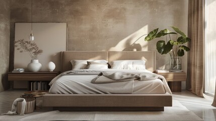Fototapeta na wymiar Modern Bedroom Interior in Soft Beige Tones
