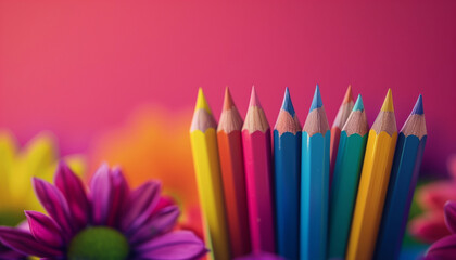 Colorful pencils on a vibrant background with flowers, concept for the World Creativity and Innovation Day