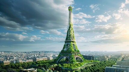 Transform the Eiffel Tower with vertical gardens, wind turbines, and solar panels, - obrazy, fototapety, plakaty