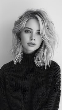 Black and White Portrait of a Young Model in Fine Wool Sweater