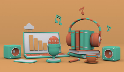 stack of books and audio headphones, next to laptop speakers, cup, microphone concept of listening to audio books 3d render cartoon on yellow brown theme on isolated background
