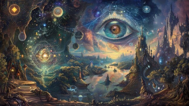 A surreal esoteric landscape, blending dreamlike visions with symbolic elements like the all-seeing eye, alchemical symbols, and ethereal energy patterns