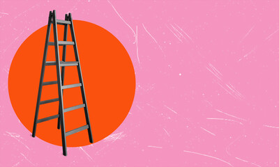 Art collage, ladder, or stepladder on pink background with copy space.