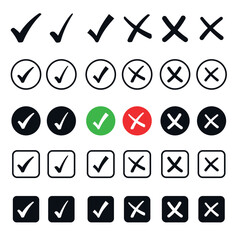 Check mark, cross symbols, flat styles, accepted agreement approved, button, cancel