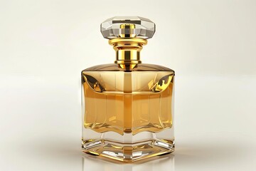 Luxurious gold glass cologne bottle for men, modern eau de parfum spray isolated on white, digital illustration