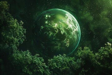 Obraz na płótnie Canvas Lush green planet covered in dense vegetation, futuristic concept of a habitable world, digital illustration