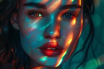 a woman with bright light on her face - obrazy, fototapety, plakaty