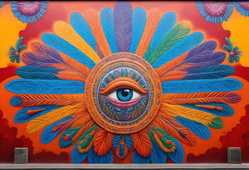 a colorful mural with an eye on it