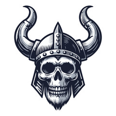 Viking head skull with horned helmet vector illustration, Nordic Scandinavian warrior, suitable for t-shirt, tattoo, logo design. Design template isolated on white background