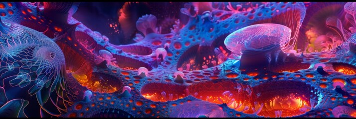 An abstract 3D landscape with neon fractals and kaleidoscopic shapes, pulsating and morphing, set against a backdrop of deep, surreal hues - obrazy, fototapety, plakaty