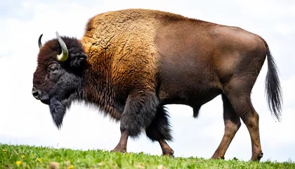 Selbstklebende Fototapeten Wild American bison or buffalo - bison bison - are North America largest terrestrial animals standing on grassland prairie isolated on white background © Chase D’Animulls