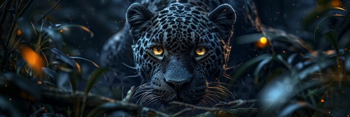 Mysterious black jaguar prowling in starlit forest, photorealistic wide angle scene - obrazy, fototapety, plakaty
