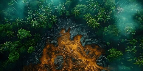 Aerial view depicting the environmental impact of deforestation and logging. Concept Deforestation, Logging, Environmental Impact, Aerial View, Conservation