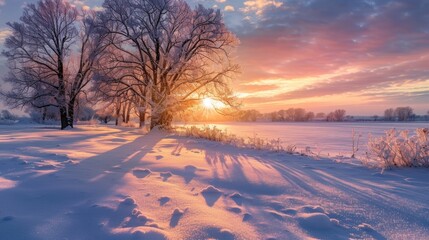 Tranquility of dawn breaking over a frosty winter scene. - obrazy, fototapety, plakaty