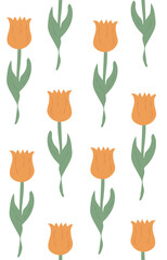 Groovy abstract orange tulip flowers on white background. Modern naive groovy seamless pattern. Vector illustration.