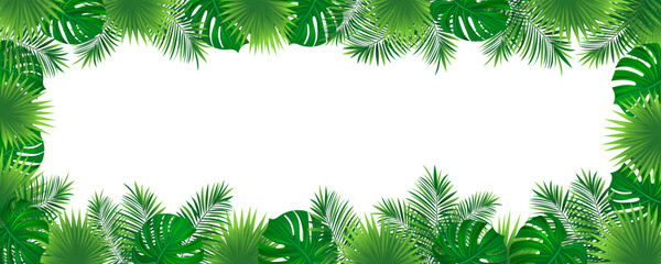 Amazon foliage vector background. tropical rainforest border frame with exotic tropic leaves, jungle plants and grass. Summer, travelling vacation card for textile print, invitation and promo designs. - obrazy, fototapety, plakaty