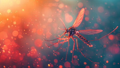 Close-up of a mosquito in flight with a vibrant, bokeh background in warm tones, concept for the World Malaria Day