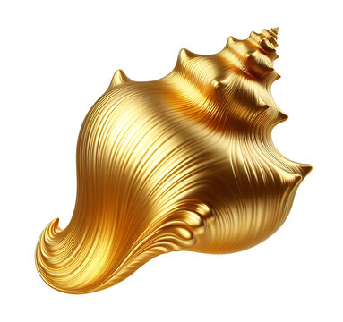 Shiny snail seashell made of gold, photorealistic, isolated on white background, for use as decoration element