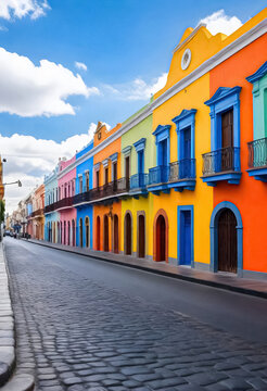 Fototapeta colorful buildings line the street in a city