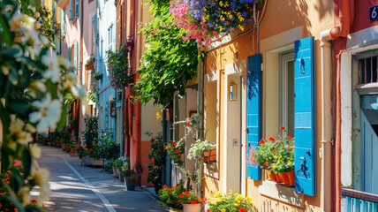Fototapeta na wymiar Beautiful colorful historic houses with flowers in Europe