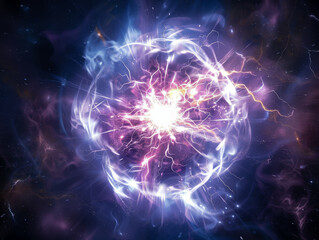 A purple and blue explosion in space with a white center