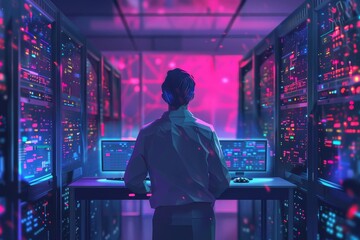 Rear view of focused IT specialist monitoring cloud servers in data center, cyber security concept illustration