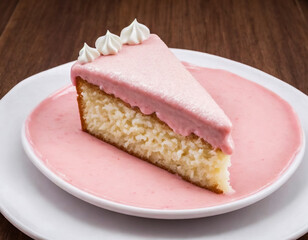A delicious slice of cake with a soft pink sauce
