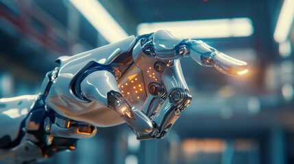 A highly detailed and futuristic robotic arm with illuminated components, symbolizing the advancement of technology and AI