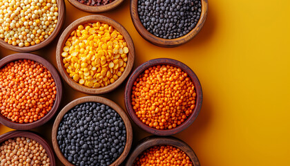 Assorted lentils and beans in bowls on yellow background, top view Healthy vegan protein source, concept for the World Pulses Day - Powered by Adobe