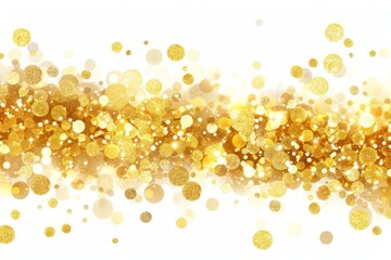 Shimmering golden bokeh lights isolated on white background, festive abstract illustration