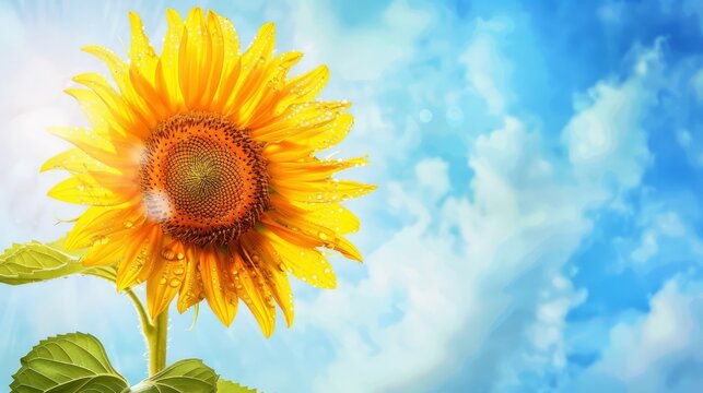 Watercolor illustration of a single sunflower with droplets of morning dew on its bright petals, set against a loosely painted, serene sky