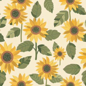 Seamless pattern of stylized sunflowers illustrations, yellow and green on white background, perfect for summer-themed fabric or wallpaper designs