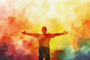 Silhouette of man in worship, watercolor background, spiritual concept illustration