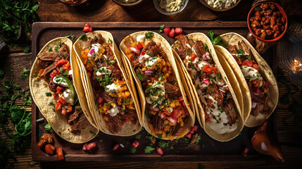 Traditional mexican tacos with beef, vegetables and salsa on wooden background