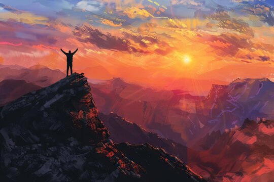 Silhouette of person standing on mountaintop, arms raised in triumph, sunset landscape, digital painting