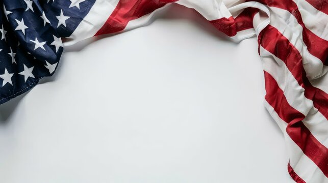An American flag drapes elegantly with ample copy space, ideal for patriotic themes, national holidays, and political events.