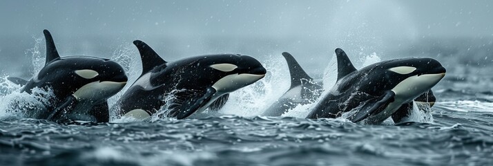 Orca pod hunting with effortless grace in photorealistic ocean scenic photography - obrazy, fototapety, plakaty