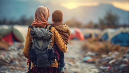 Mother and child in a refugee camp at sunset, facing challenges with hope and resilience, concept for the World Refugee Day