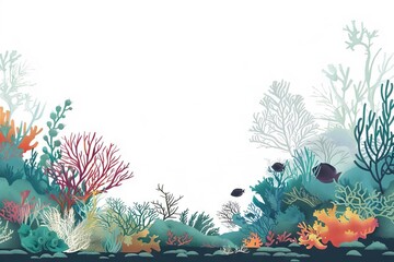 Fototapeta na wymiar Underwater ocean scene with corals and seaweed, white background, nature illustration